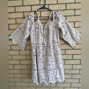 Xhiliration dusty rose cold-shoulder 3/4 sleeve lace dress